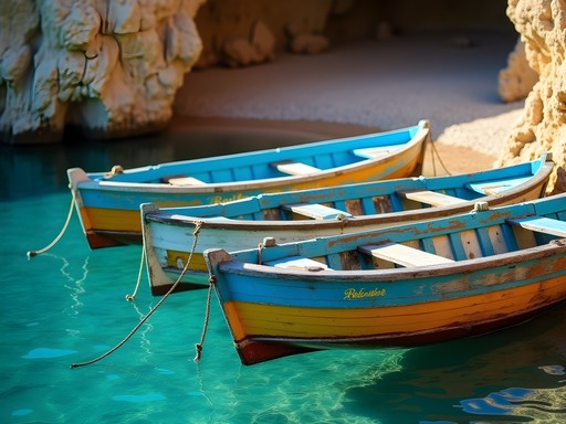 Traditional Greek fishing boats anchored at secluded Merchia Beach cove in Mykonos