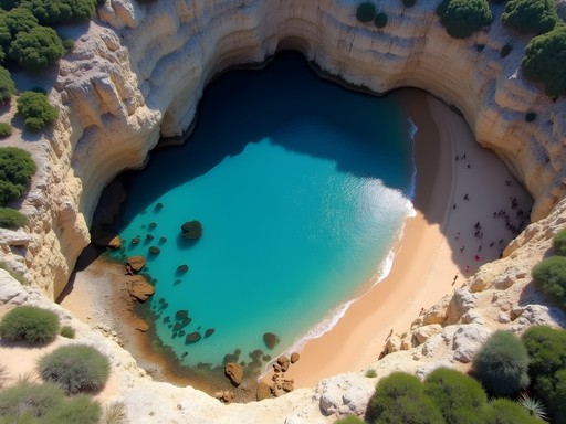 Aerial view of horseshoe-shaped Vathia Lagada Beach with crystal clear waters and rocky path