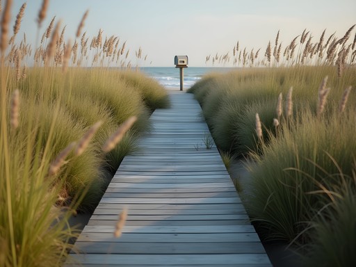 Wooden walkway through protected dunes at Bird Island Reserve with famous mailbox visible
