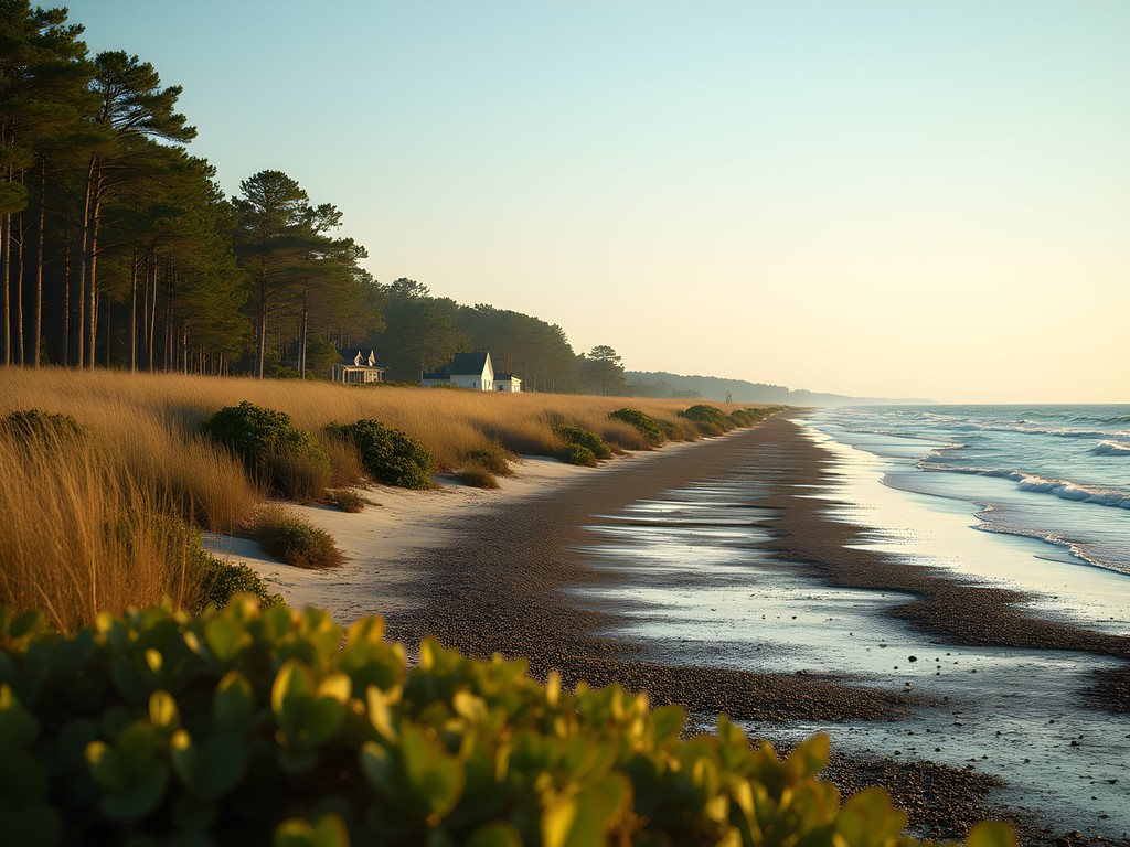 Pristine beach at Hobcaw Barony with historic rice plantation buildings visible in distance