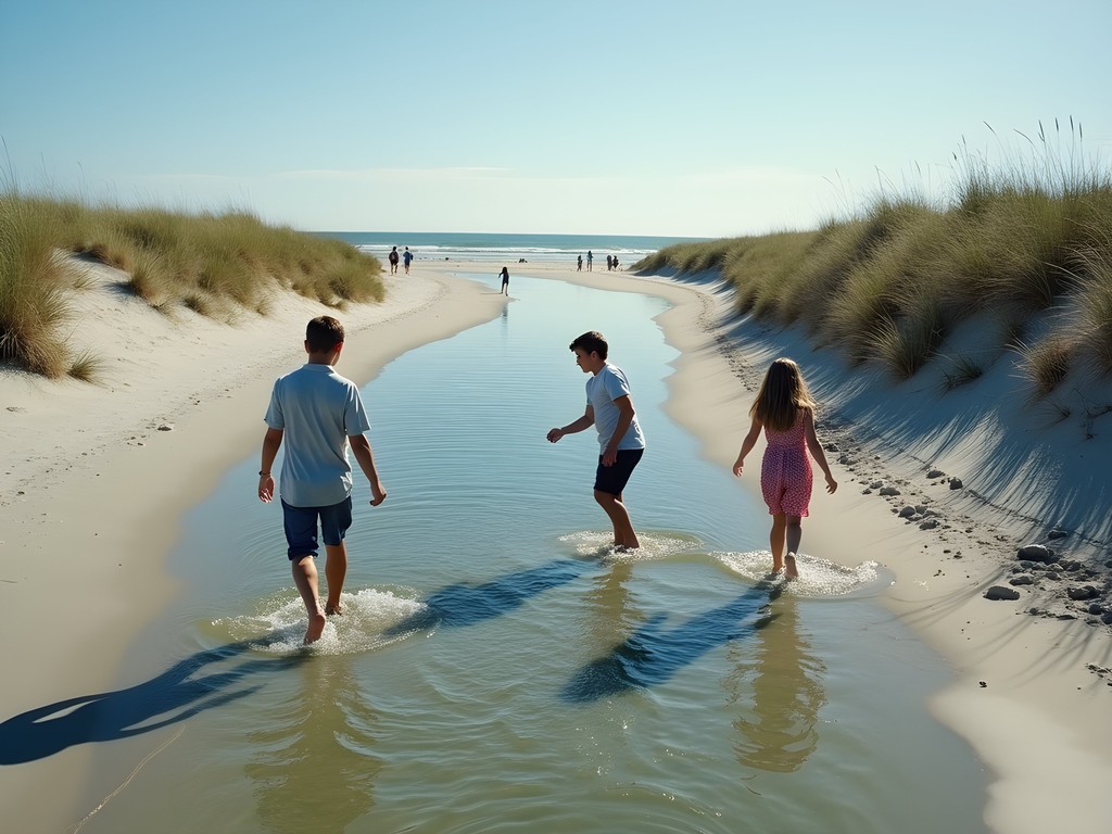 Family exploring natural tidal creek cutting through wide beach at Litchfield Beach