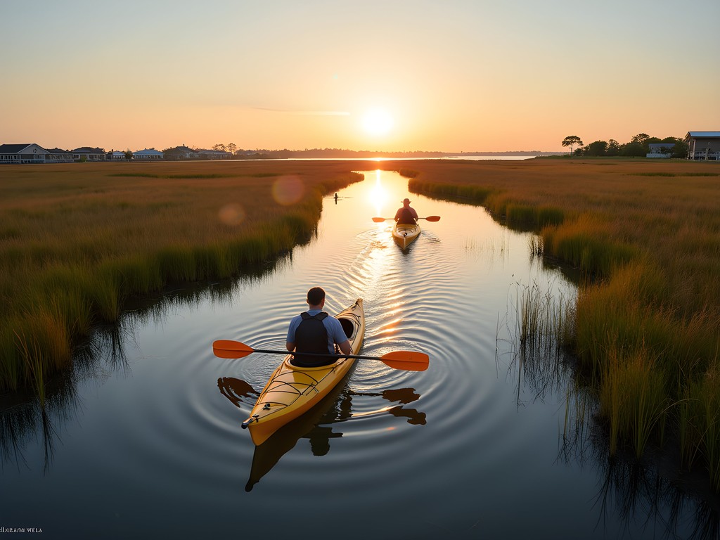 Family kayaking through serene channels of Murrells Inlet salt marsh during golden hour