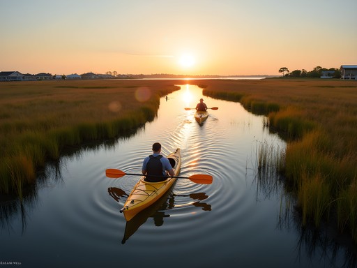 Family kayaking through serene channels of Murrells Inlet salt marsh during golden hour