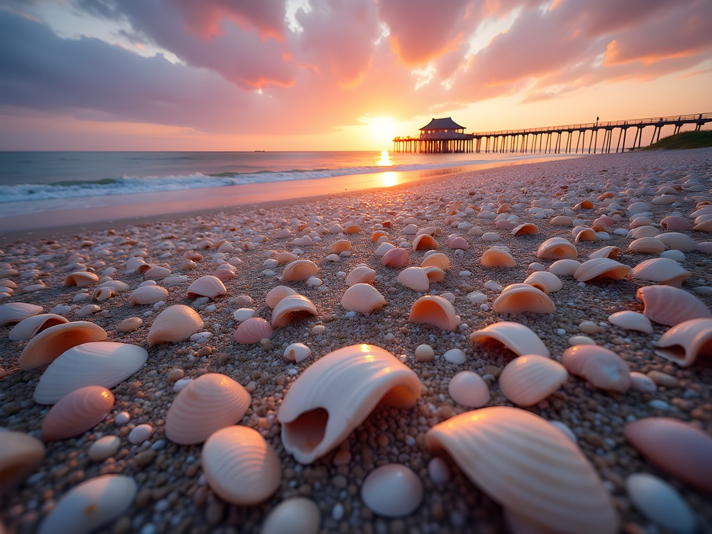 Sunrise over shell-covered beach at Pawleys Island with historic pier in distance