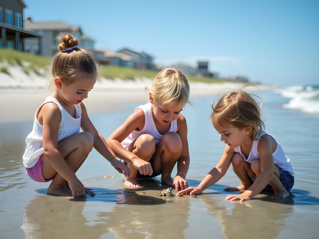 Family exploring shallow, clear tidepools at southern end of Surfside Beach during low tide
