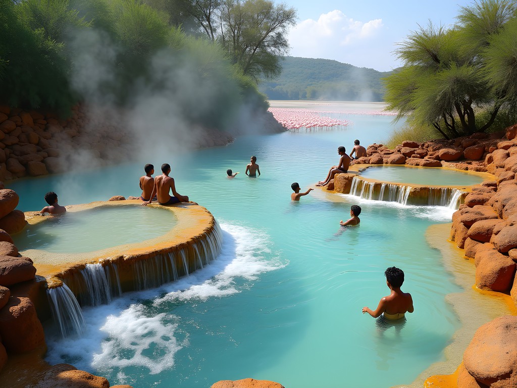 Family enjoying cascading thermal pools at Lake Elementaita hot springs with flamingos visible on lake in background
