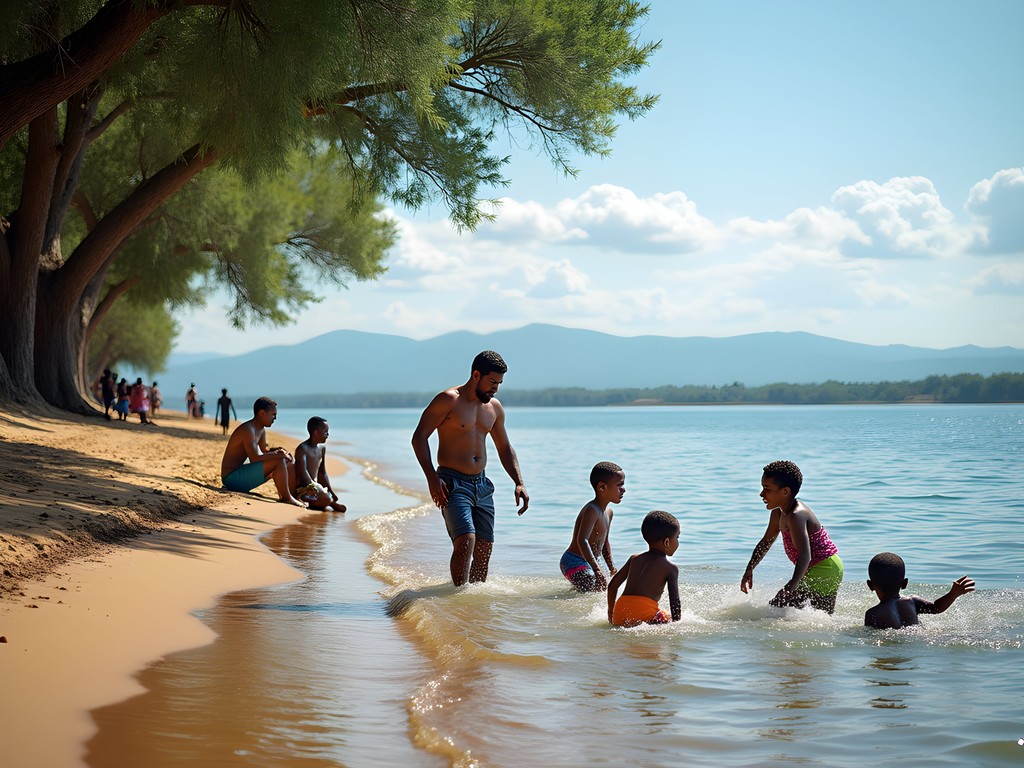Families enjoying swimming in Lake Naivasha's clear freshwater beach area