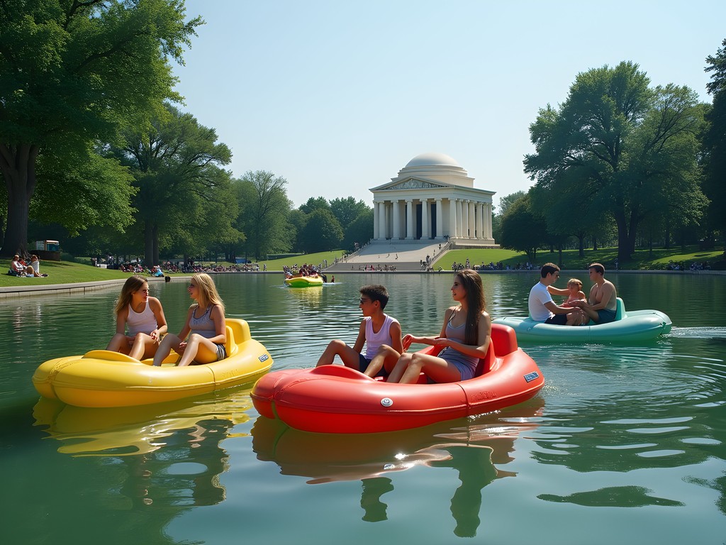 Families enjoying paddleboats on Centennial Park Lake with Nashville Parthenon in background