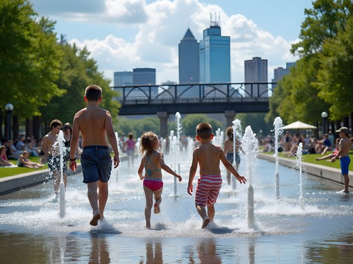 Children playing in water features at Cumberland Park with Nashville skyline in background