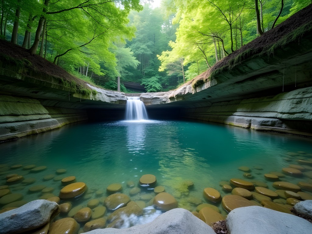 Natural swimming hole with small waterfall surrounded by limestone rocks and trees near Nashville
