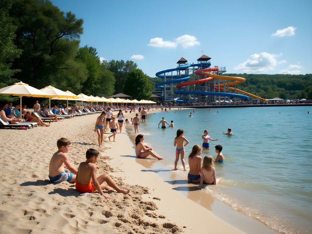 Beach area at Nashville Shores with families enjoying both the lake and water park attractions