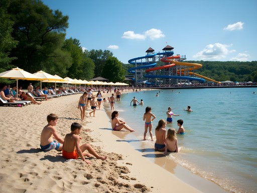 Beach area at Nashville Shores with families enjoying both the lake and water park attractions