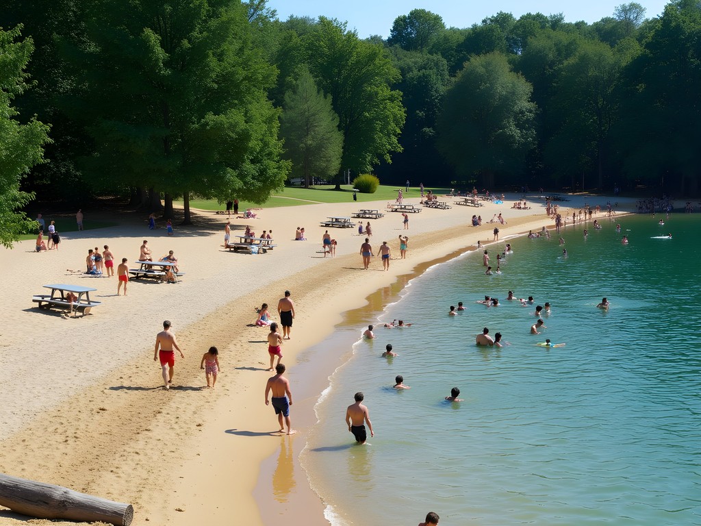Sandy beach at Percy Priest Lake with families enjoying the water near Nashville