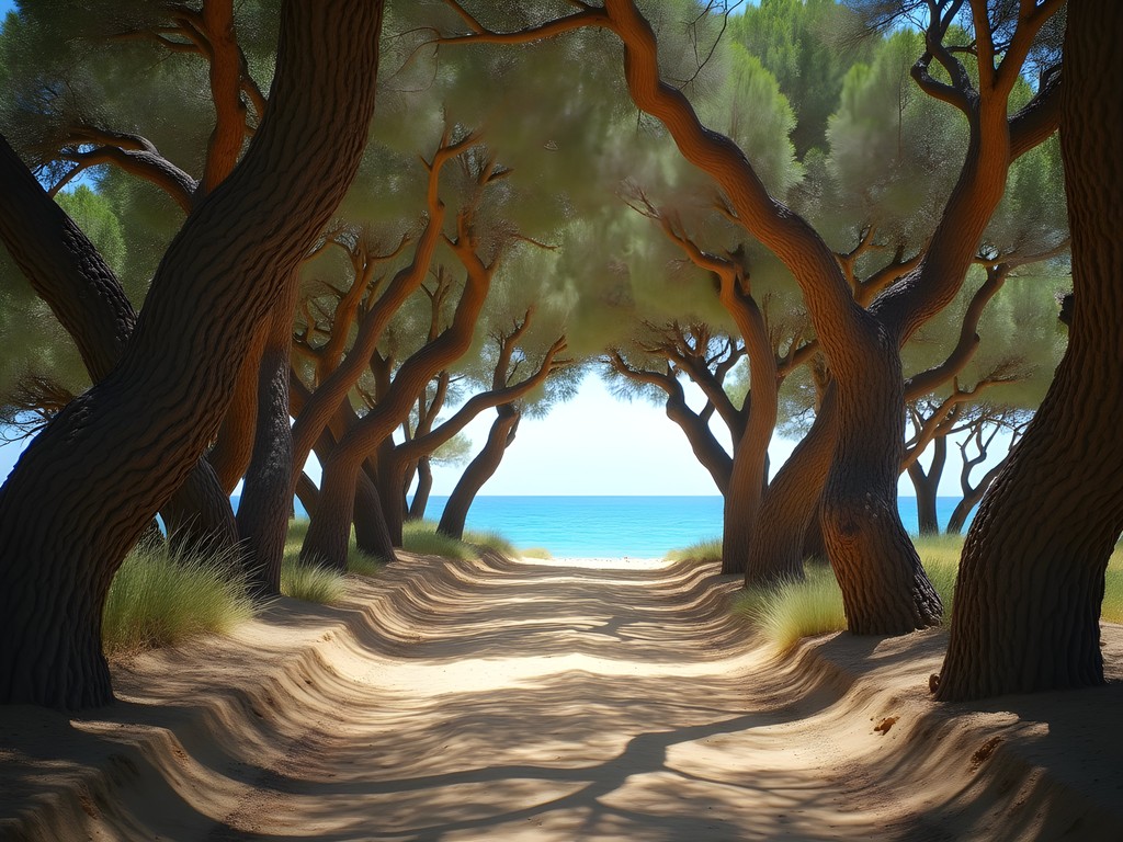 Path through cedar forest leading to hidden Alyko Beach in Naxos