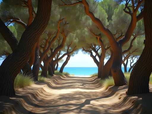 Path through cedar forest leading to hidden Alyko Beach in Naxos