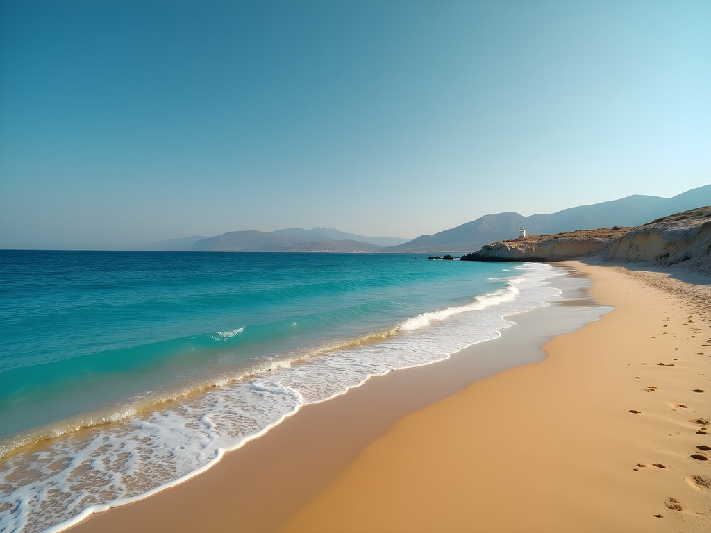 Empty golden sands of Kastraki Beach at sunrise with crystal blue waters
