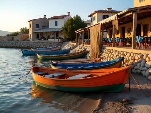 Traditional fishing boats on Lionas Beach with taverna tables at water's edge