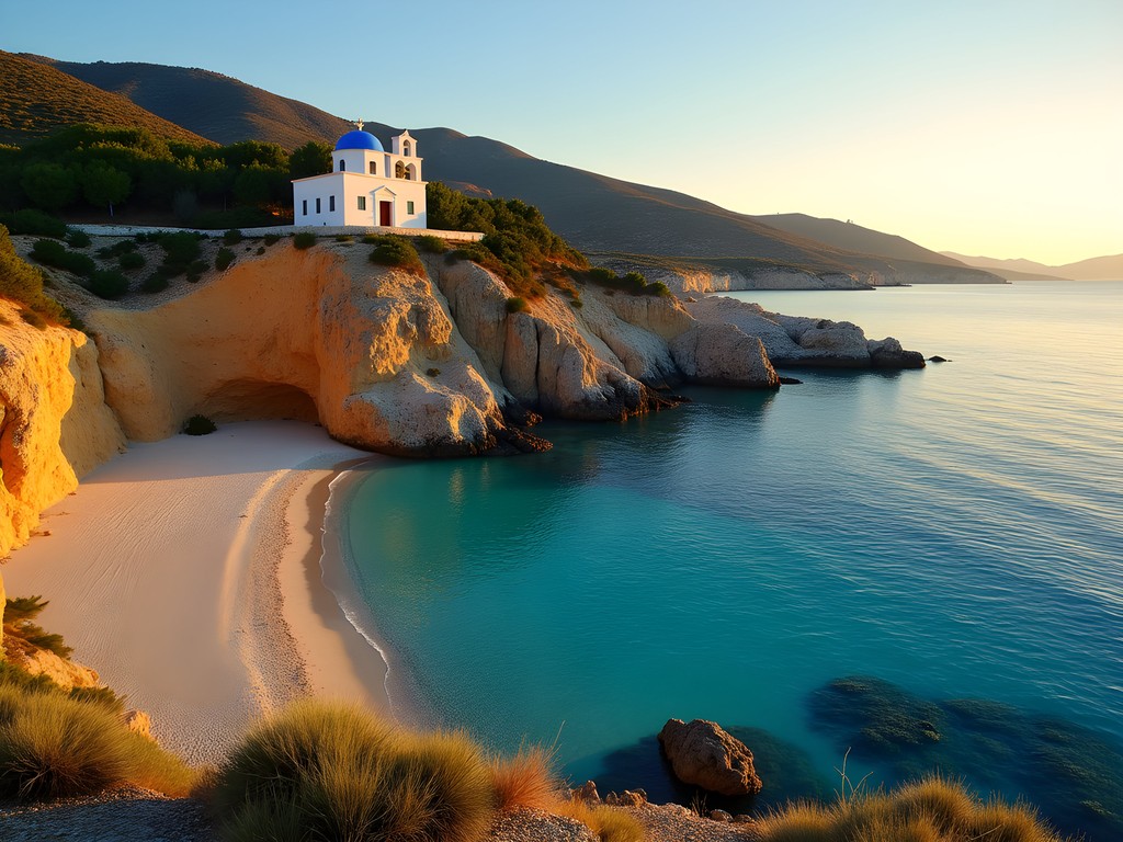 Panermos Beach bathed in golden afternoon light with chapel overlooking turquoise waters
