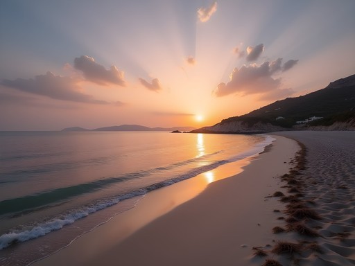 Sunrise over Psili Ammos Beach in eastern Naxos with golden light on fine sand