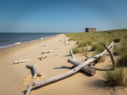 Chesapeake Bay beach at Fort Story with driftwood and natural coastal landscape