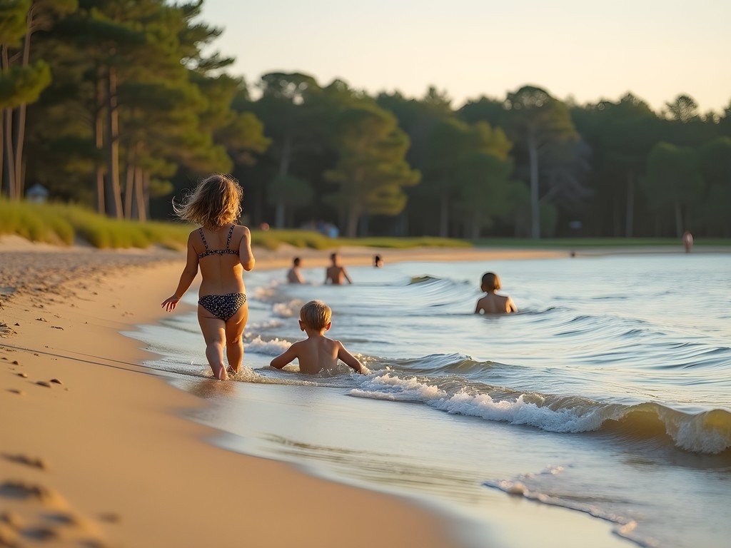 Little Creek Beach Norfolk with calm protected waters and families swimming in shallow bay