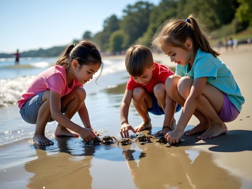 Children exploring tide pools at Sarah Constant Beach Park Norfolk with hermit crabs and small fish