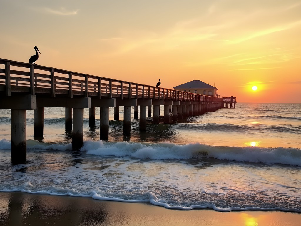 Willoughby Spit beach at sunrise with fishing pier and calm Chesapeake Bay waters