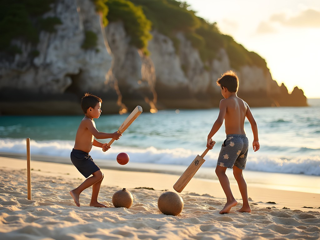 Local children playing beach cricket on Keleti Beach in Tonga