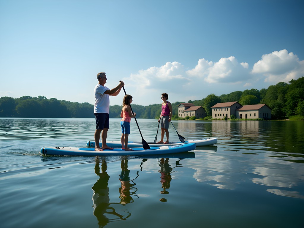 Family paddleboarding on the lake at Fort Zumwalt Park with historic buildings visible in background