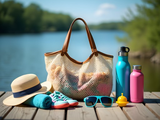 Organized beach bag with essential items for O'Fallon lake day