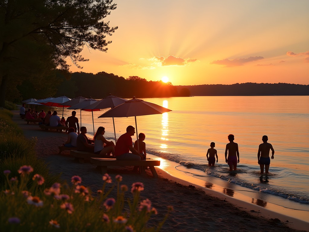 Families enjoying sunset at Raintree Lake beach in O'Fallon area