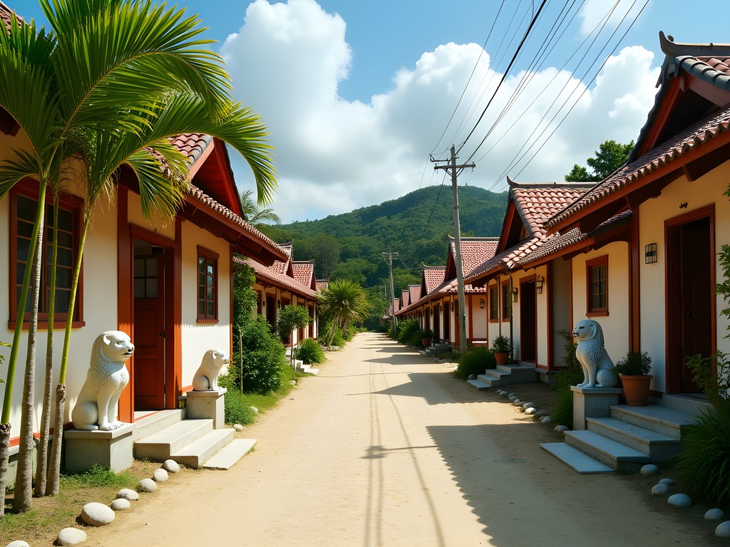 Traditional Okinawan architecture with coral stone walls and red tile roofs on Taketomi Island