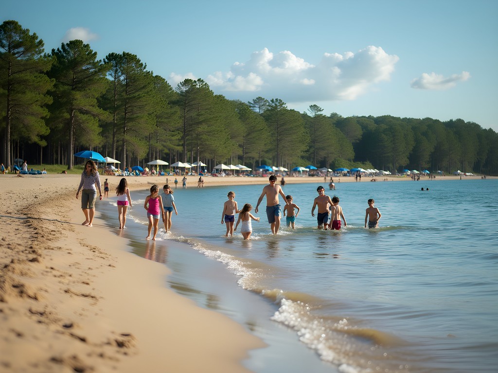 Sandy beach area at Arkabutla Lake with families enjoying the water