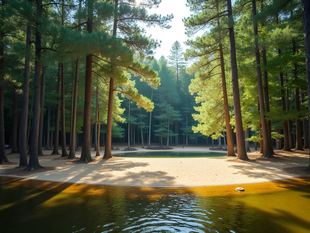 Forest-lined beach area at Chewalla Lake Recreation Area