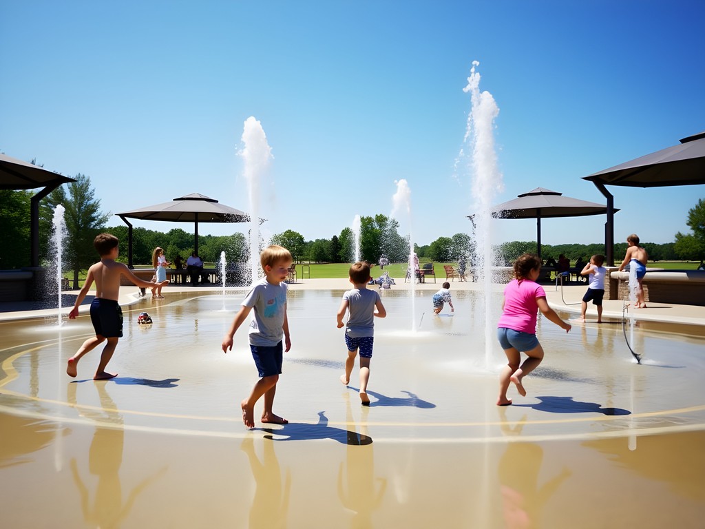 Children playing in water features at Shelby Farms Park splash pad