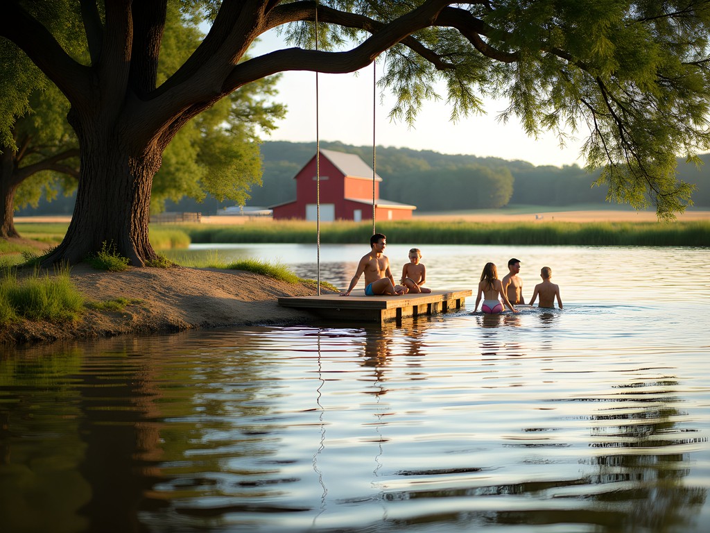 Cedar Hill Farm's spring-fed pond with rope swing and floating dock