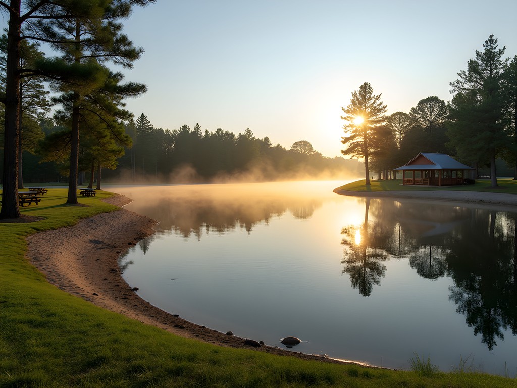 Serene morning view of Olive Branch City Park lake with swimming area and pavilions
