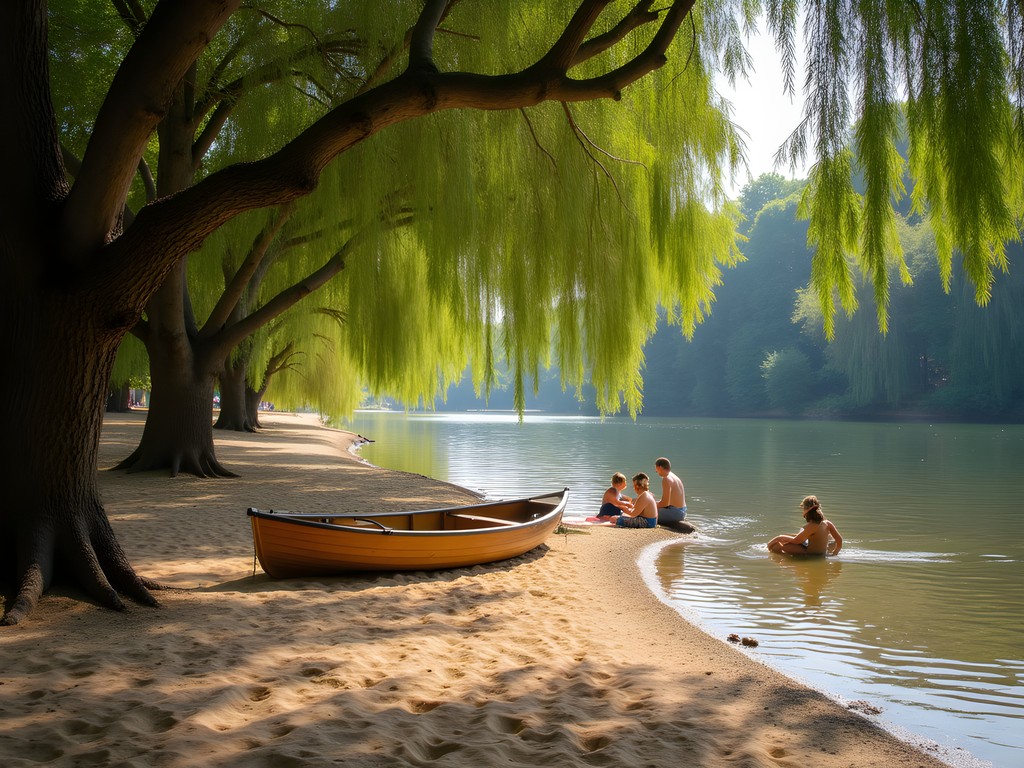 Family enjoying hidden sandy beach on Cherwell River accessed by punt in Oxford