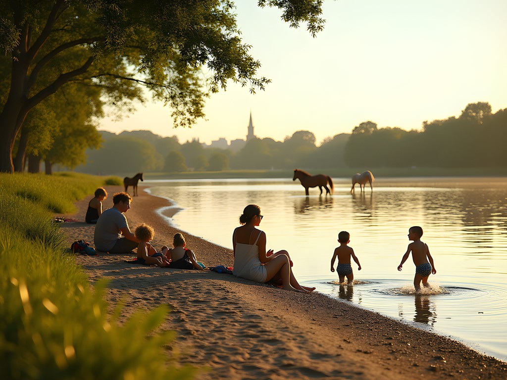 Sandy river beach at Port Meadow Oxford with families enjoying summer sunshine
