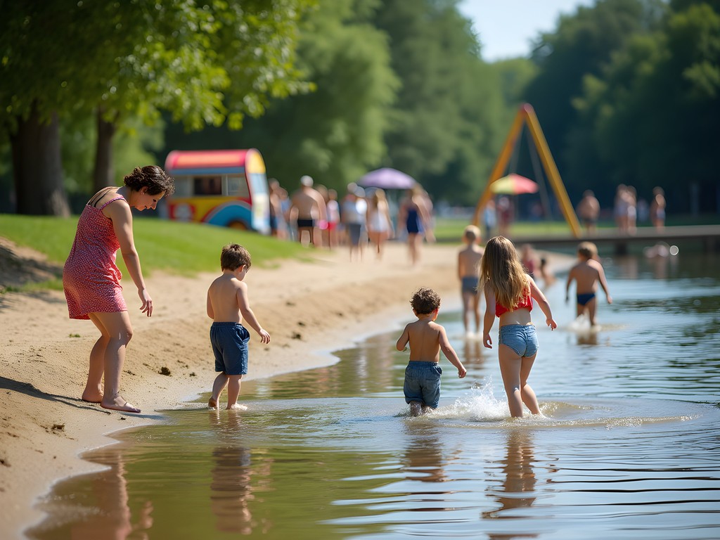 Families enjoying the urban beach at Sunnymead Park where Cherwell meets Thames in Oxford
