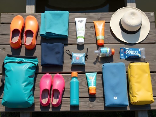 Essential gear laid out for family wild swimming day at Oxford river beaches