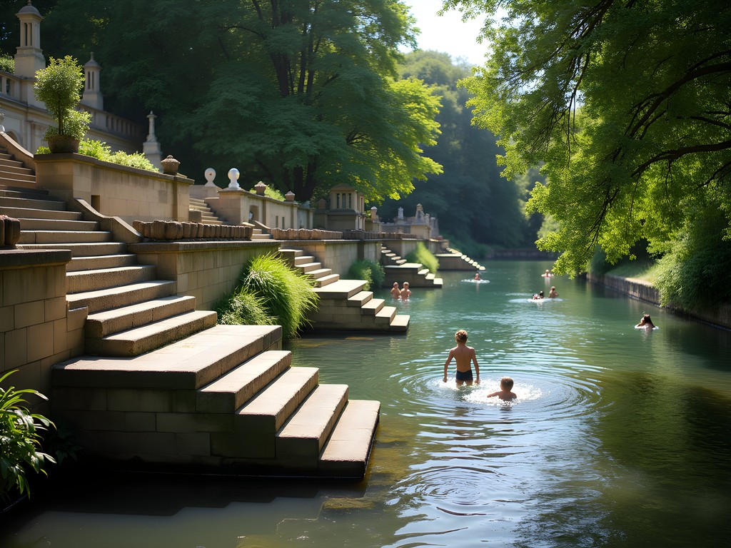 Historic Wolvercote Bathing Place on the Thames in Oxford with swimmers