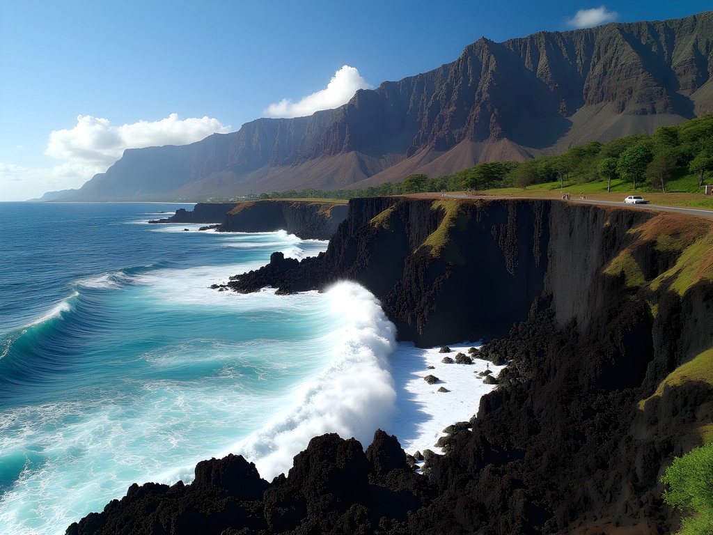 Dramatic coastline view from the Ka'ena Point Trail with waves crashing against lava rocks