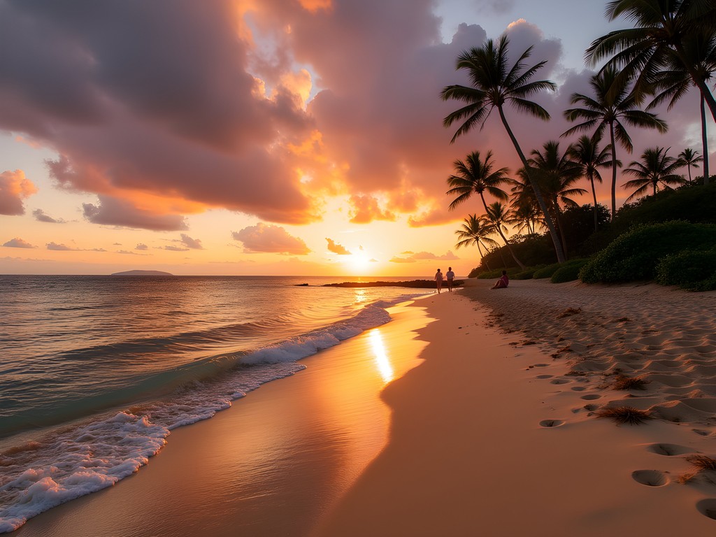 Dramatic orange and purple sunset at Makalei Beach Park with silhouettes of palm trees