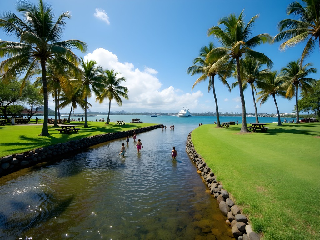 Families enjoying the calm waters at Neal S. Blaisdell Park with Pearl Harbor in background