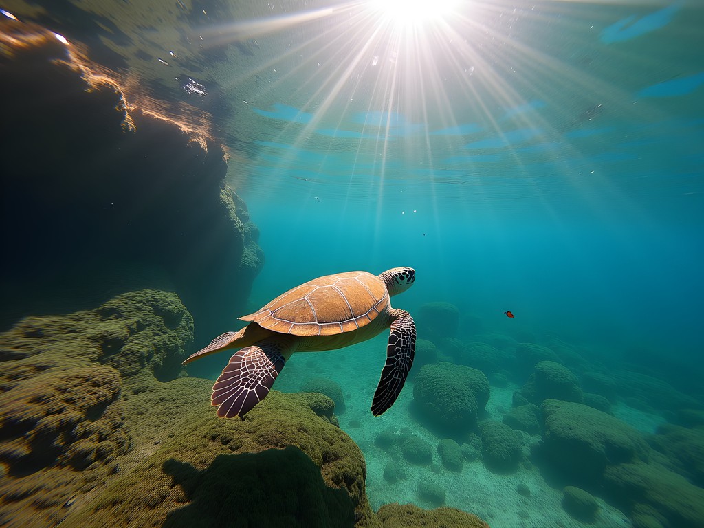 Protected cove near McGrew Point with clear water and a Hawaiian green sea turtle swimming