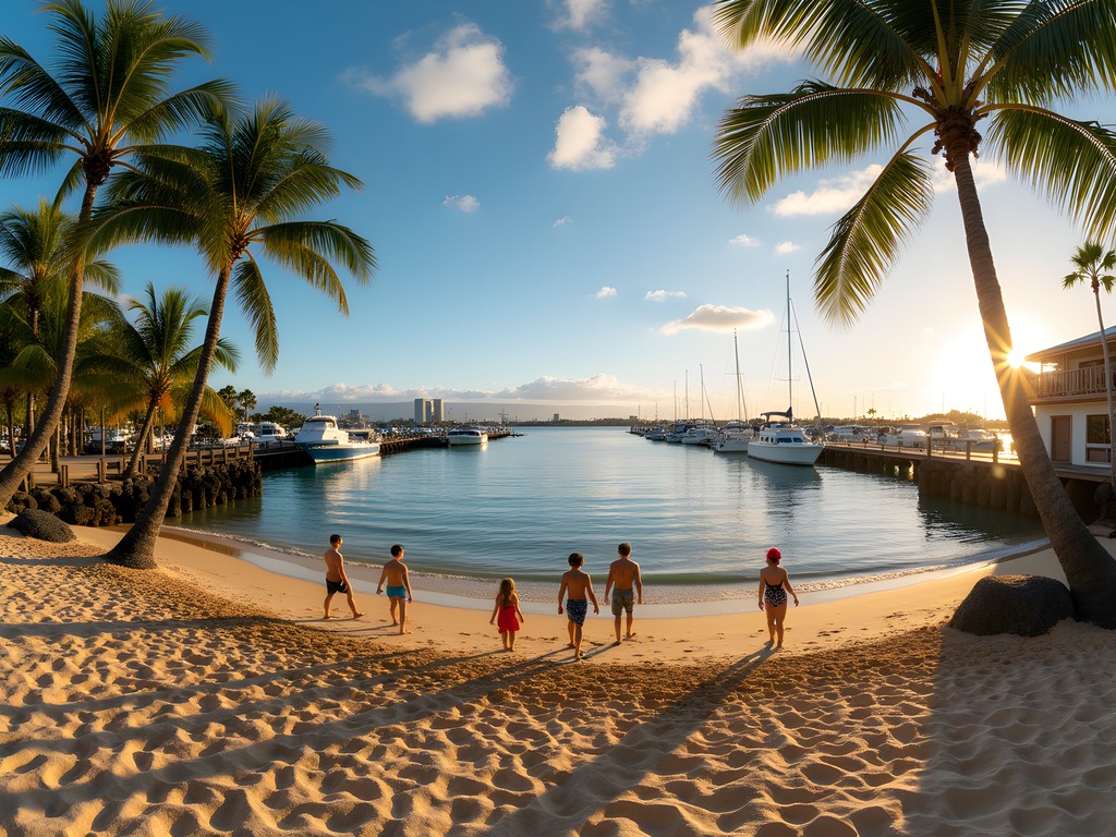 Small beach area at Rainbow Bay Marina with boats in background and power plant visible in distance