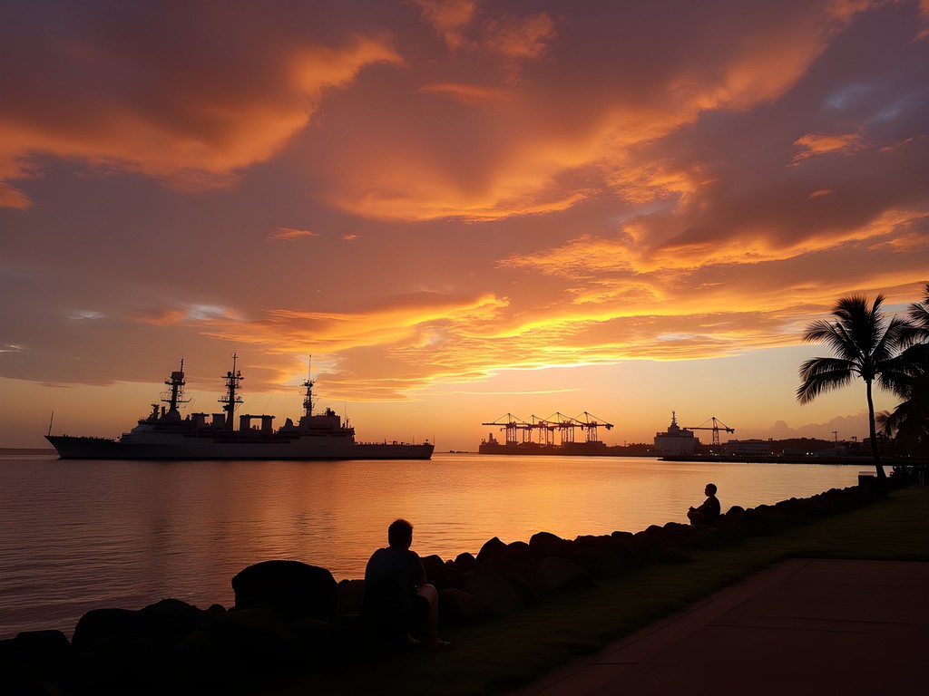 Dramatic sunset over Pearl Harbor viewed from Waiawa Point with silhouettes of naval vessels