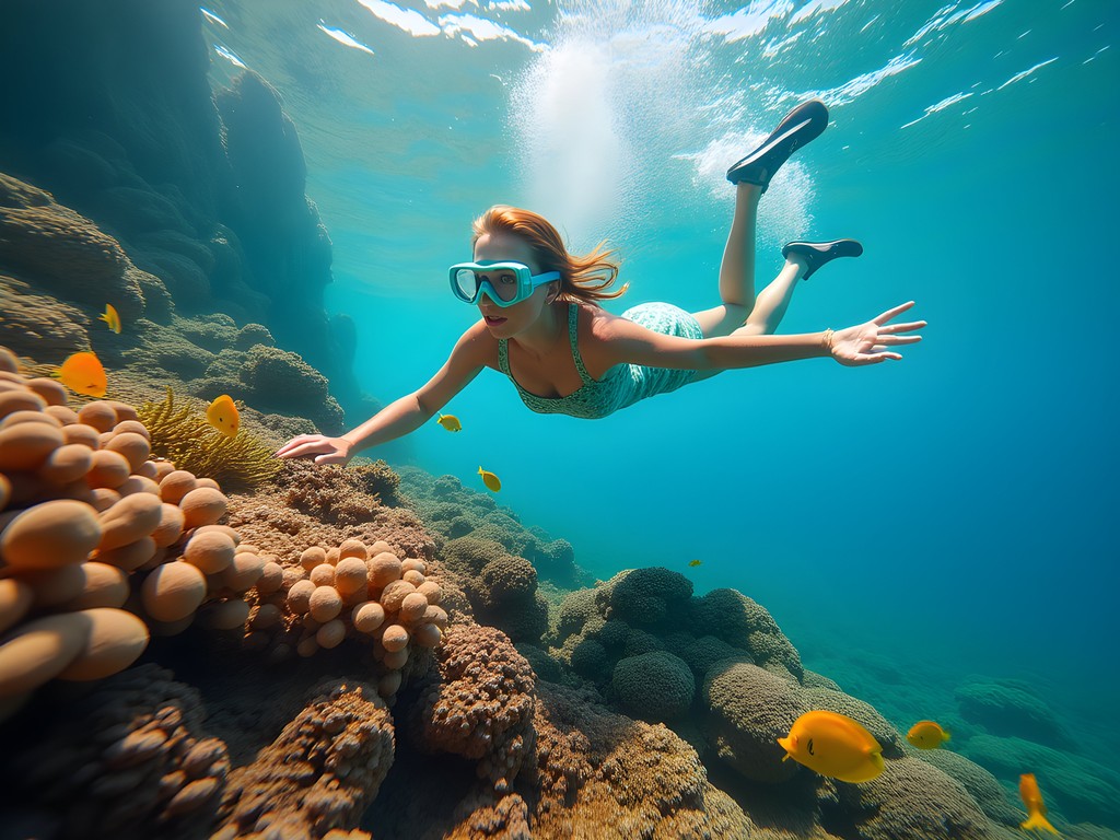Solo female traveler snorkeling in clear waters of Perhentian Islands Malaysia