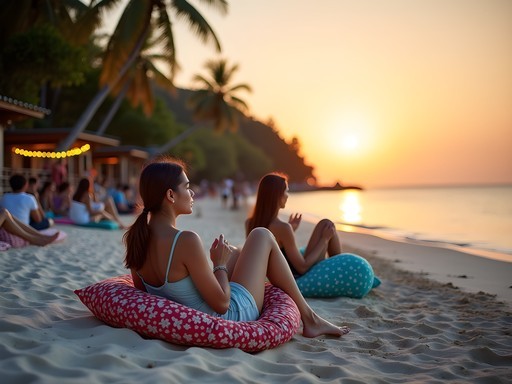 Travelers gathering on Long Beach Perhentian Kecil for sunset with beach bars and cushions on sand